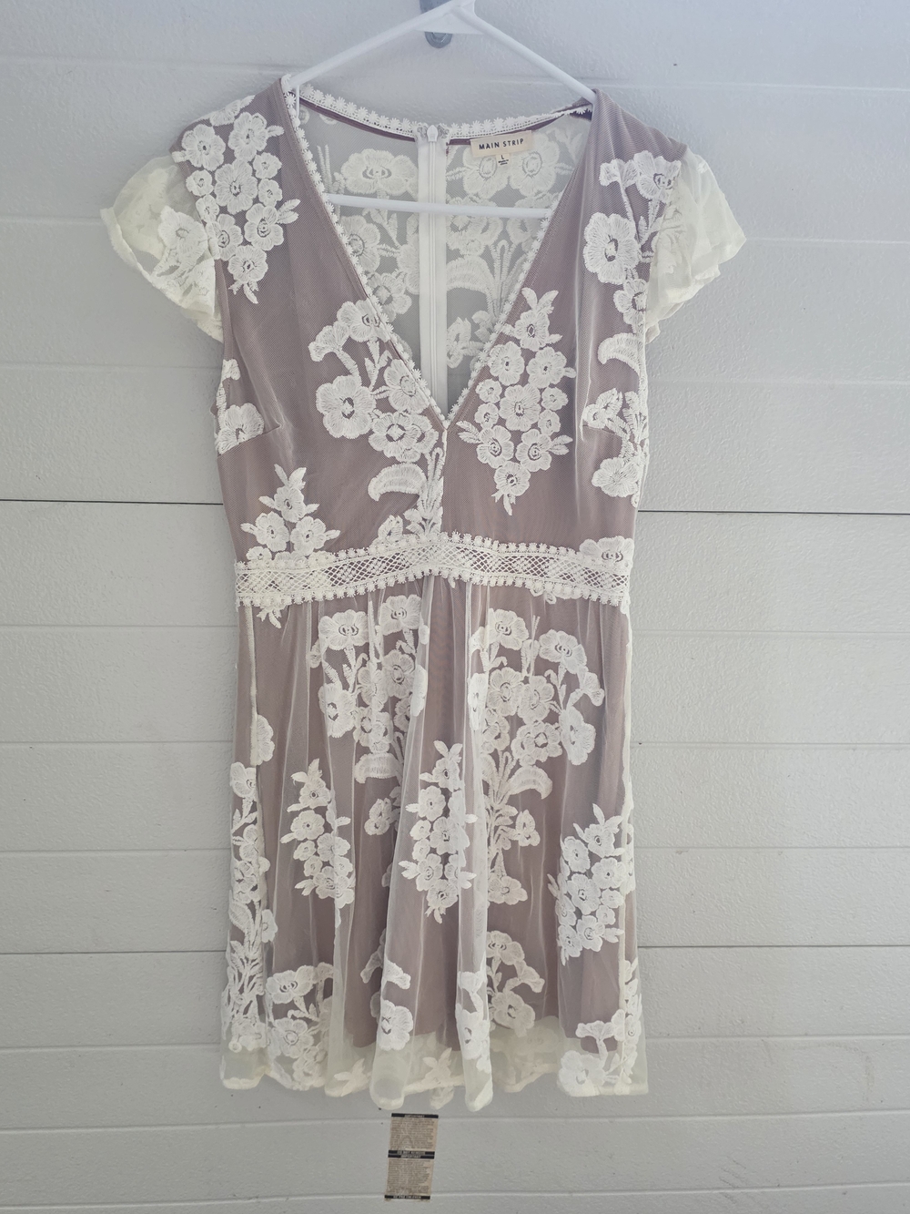 Main Strip Mauve Mini Dress with White Floral Lace Overlay